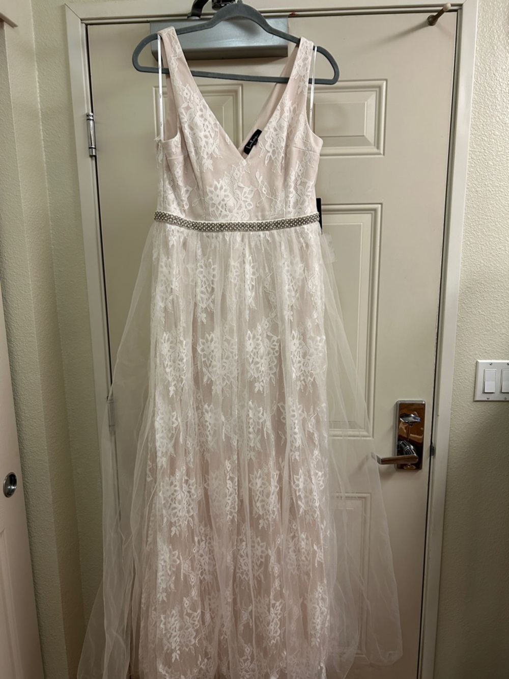 Lulu's Ivory Lace Tulle Dress with Beaded Waistband